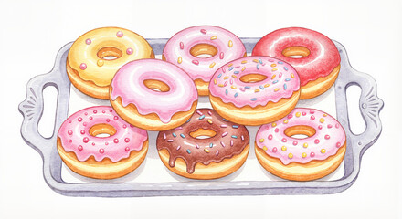 Tray with jelly doughnuts, delicate and elegant, watercolor illustration with pastel colors, soft shading, and fine hand-painted details on white background