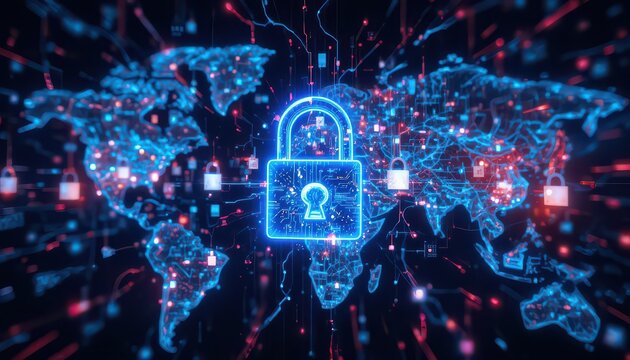 Global cybersecurity network offers digital protection with modern glowing padlock on world map for secure data and privacy in a connected future