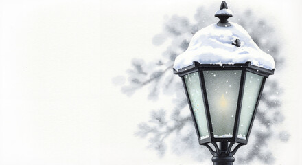 Snow-covered outdoor lantern, delicate and airy, realistic fine-art pencil sketch with soft morning light and subtle color washes on white background