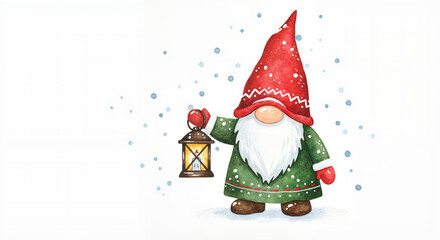 Tiny gnome with lantern, festive and charming, watercolor illustration in winter palette of deep greens, reds, and whites with soft snow accents on white backgroun