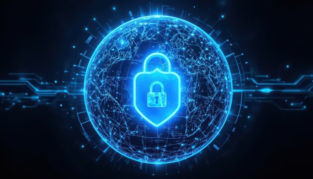 Cybersecurity shield protects digital world with glowing blue network, offering secure data privacy and global connection for modern business technology