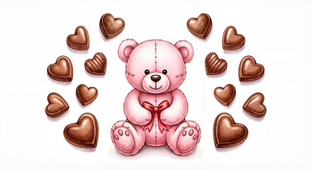 Pink teddy bear gift with chocolate hearts, cute and festive, watercolor illustration with detailed style and soft shadows on plain white background