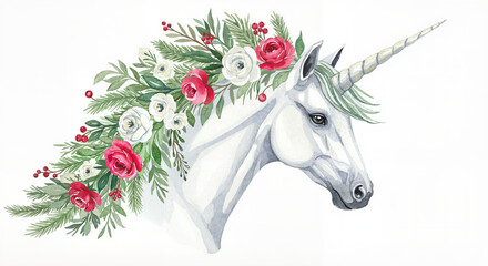 Unicorn with floral mane, elegant and festive, watercolor illustration in winter palette of greens, reds, and whites with soft shadows on plain white background