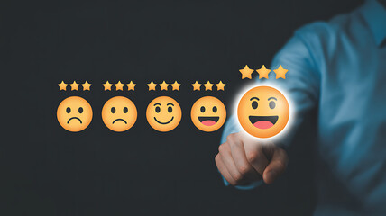 Person's finger pointing at a happy emoji with a five-star rating, surrounded by other emojis and stars