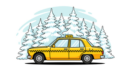 Yellow taxi parked beside snow-covered trees, whimsical and cheerful, vector illustration with bold outlines, soft pastel watercolor washes, and light gradients on minimal white background