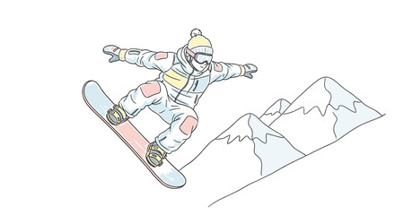 Snowboarder jumping off slope with snowy mountains, cute and cozy, vector illustration in hand-drawn sketch style with pastel accents on white background