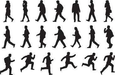 Silhouettes of people walking and running