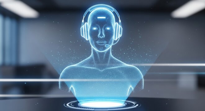 Futuristic ai hologram of human with headset in virtual reality environment