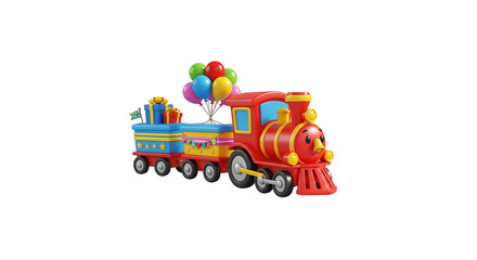 Colorful toy train with gifts and balloons on a black background