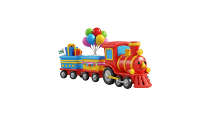 Colorful toy train with gifts and balloons on a black background