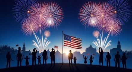 Celebration with fireworks and silhouettes of people with american flags at night
