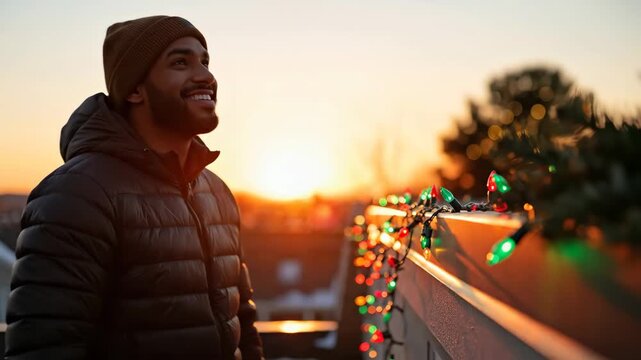 A man installing Christmas lights on a house gutter with a staple gun, celebrating the holiday season with festive decoration video