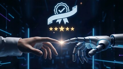 Human and ai hand with checkmark symbolizes certification or quality assurance, with five golden stars beneath it