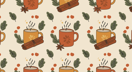 Steaming mug with cinnamon sticks and leaves, pattern, warm and cozy, vector illustration with flat earthy tones and clean black outlines on minimal light background