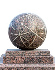 A granite sphere with etched lines, on a tiered pedestal