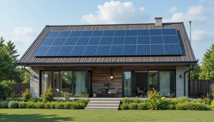 Fototapeta premium Modern sustainable home with solar panels on roof basks in sunny weather, showcasing eco-friendly living and inviting outdoor patio space for relaxation.