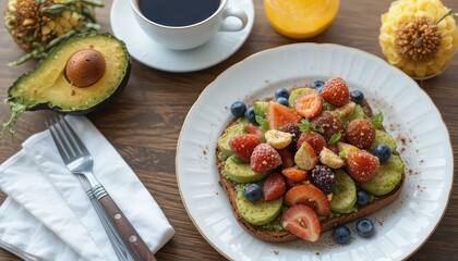 Vibrant avocado toast piled high with fresh strawberries, blueberries, and banana slices offers a delicious and healthy breakfast.
