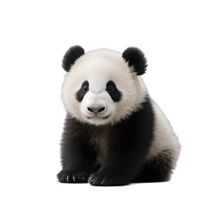 A cute baby panda is sitting on a white background, showcasing its adorable black and white fur.