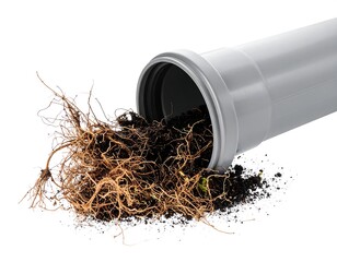 A gray pipe empties soil and roots onto a white background