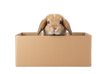 Adorable tan lop-eared rabbit in a cardboard box isolated PNG, cute bunny pet for animal lovers and design projects