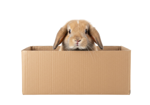 Adorable tan lop-eared rabbit in a cardboard box isolated PNG, cute bunny pet for animal lovers and design projects