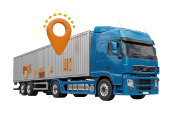 Blue semi-truck with cargo container isolated PNG, delivery vehicle with location pin for logistics, transportation and shipping on transparent background