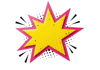 Yellow star with pink outline isolated PNG, comic book explosion graphic element for design and decoration on transparent background