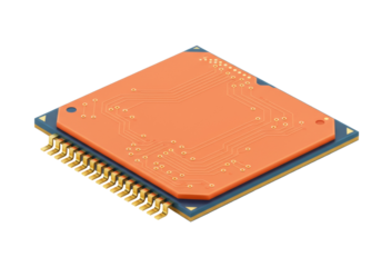 Orange computer chip PNG isolated on transparent background, electronic component for technology and engineering projects