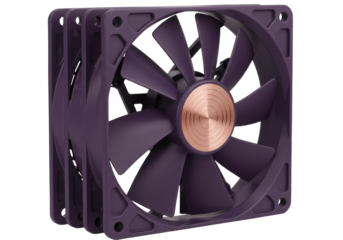 Three purple computer fans isolated PNG on transparent background, cooling system component for pc case and gaming rig