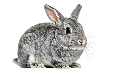A gray rabbit sitting upright, against a white background