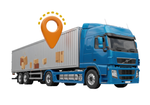 Blue semi-truck with cargo container isolated PNG, delivery vehicle with location pin for logistics, transportation and shipping on transparent background