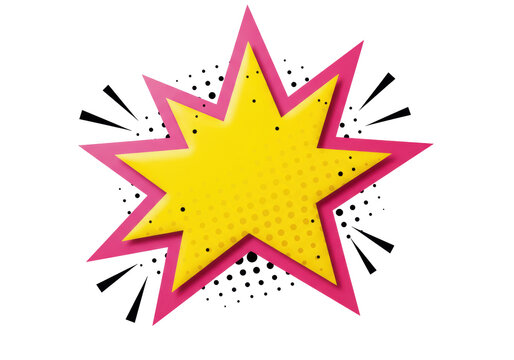 Yellow star with pink outline isolated PNG, comic book explosion graphic element for design and decoration on transparent background - Powered by Adobe