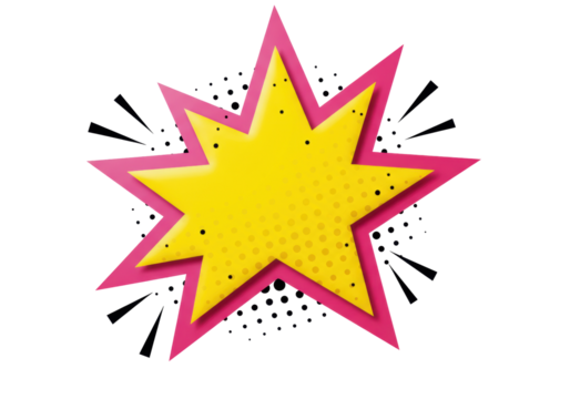 Yellow star with pink outline isolated PNG, comic book explosion graphic element for design and decoration on transparent background