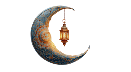 Ornate crescent moon with a hanging lantern