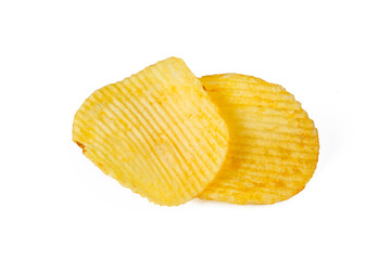 Tasty potato chips in bowl on white background, top view