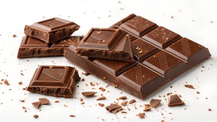 Chocolate bar broken into pieces on white background
