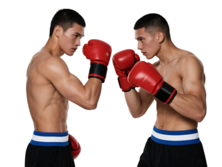 Two boxers in red gloves face each other, ready for a boxing match, showcasing their muscular build and fighting stance.