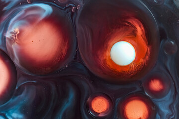 Macro photo of red and orange liquid bubbles floating in dark fluid. The glowing circular forms and...
