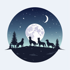 Fototapeta premium Wolves howling at moonlit night sky