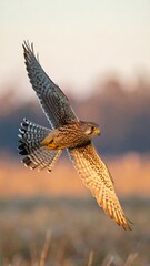Falcon soaring in flight over grassy terrain at sunset or sunrise