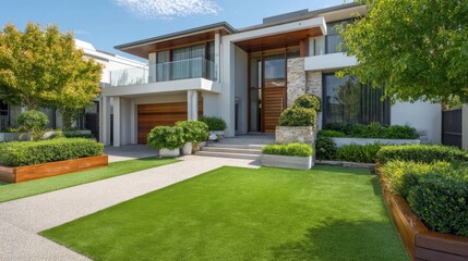 Beautiful modern home with manicured lawn and garden on a sunny day
