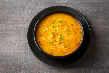 Chicken and vegetable noodle soup. Turkish name; tavuklu sebzeli sehriye corbasi
