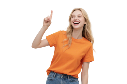 A joyful woman in an orange t-shirt is pointing up, displaying a positive and lively demeanor. - Powered by Adobe