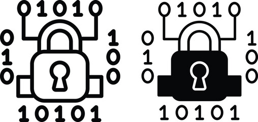 Editable Adobe Illustrator Artwork Cybersecurity Encryption Icons with Binary Code in Line and Solid Styles Two padlock icons with binary numbers representing data encryption, cybersecurity.