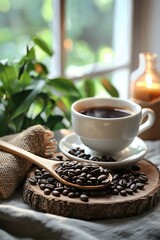 Warm coffee still life with a cup of black coffee, roasted beans, wooden spoon and burlap on rustic slice by window. Ideal for cafe ads, blogs, banners, packaging, lifestyle designs. Copy space