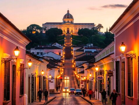 Dusk Falls on Comayagua&rsquo;s Historic Street and Glowing Cathedral