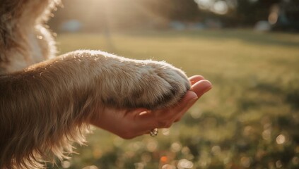 A person's hand gently holds a dog's furry paw in a gesture of trust. The scene is warmly backlit by the sunset over a grassy field.