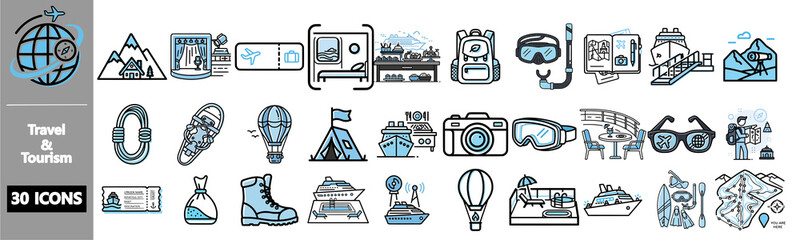 A collection of 30 travel and tourism line icons in blue and grey, featuring adventure and vacation symbols.