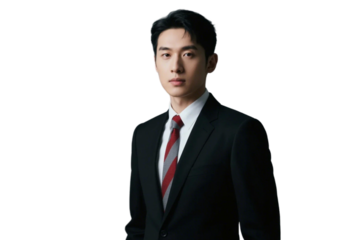 A professional man in a black suit and red striped tie stands confidently, representing a business or corporate setting.