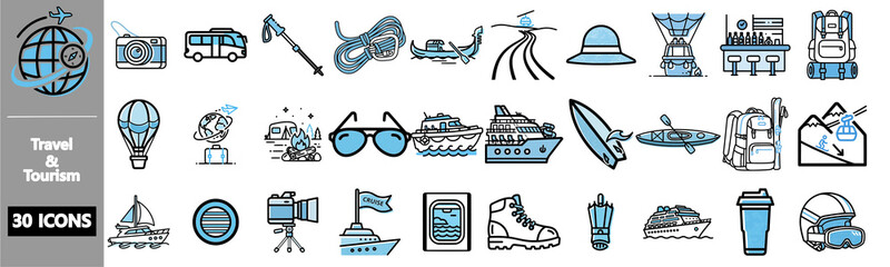 Collection of travel and tourism icons, featuring various modes of transport and related objects.